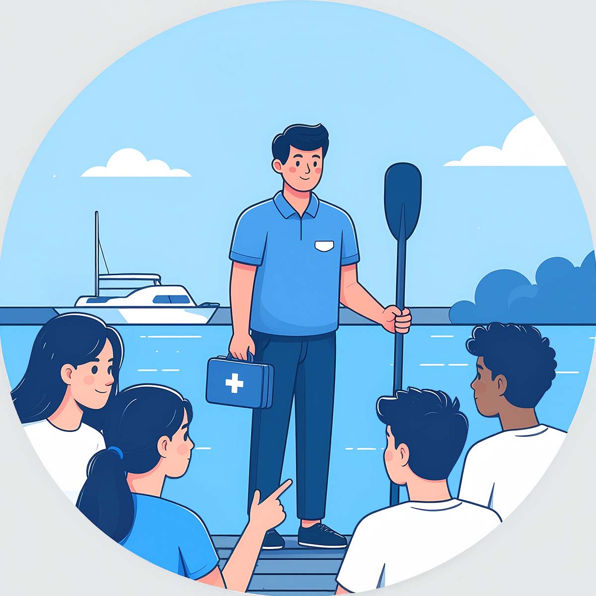 A group of students observing an marine first aid instructor demonstrating use of an oar as a splint