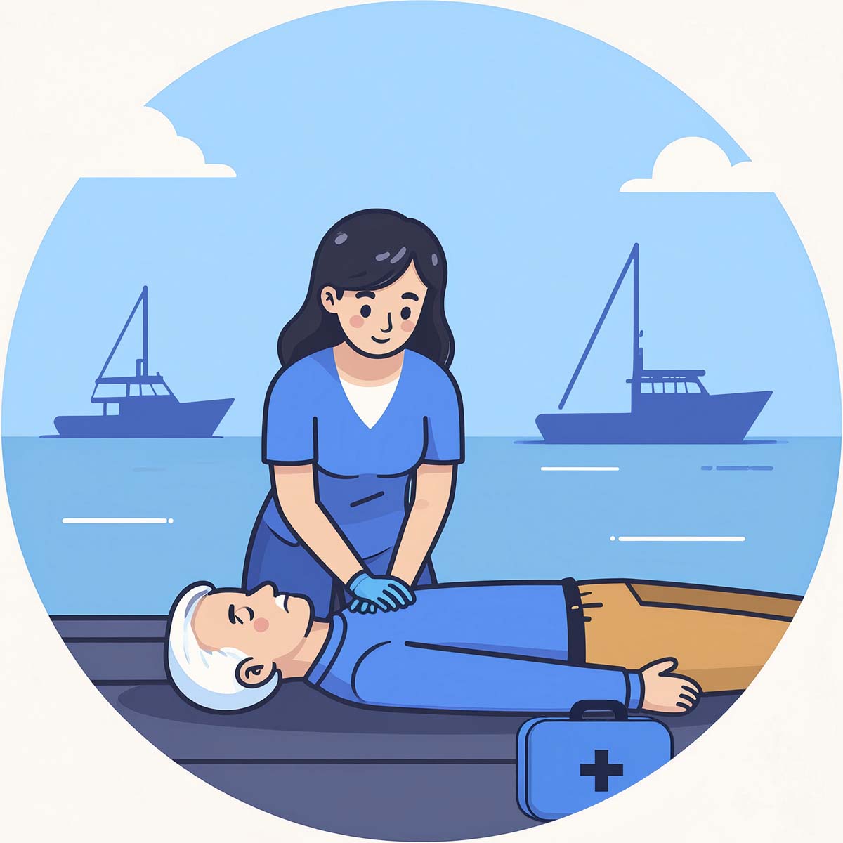 First aid responder wearing gloves and performing cpr on the chest of a casualty, who is lying on the dock of a marina with sailing vessels visible. A first aid kit is beside the casualty.