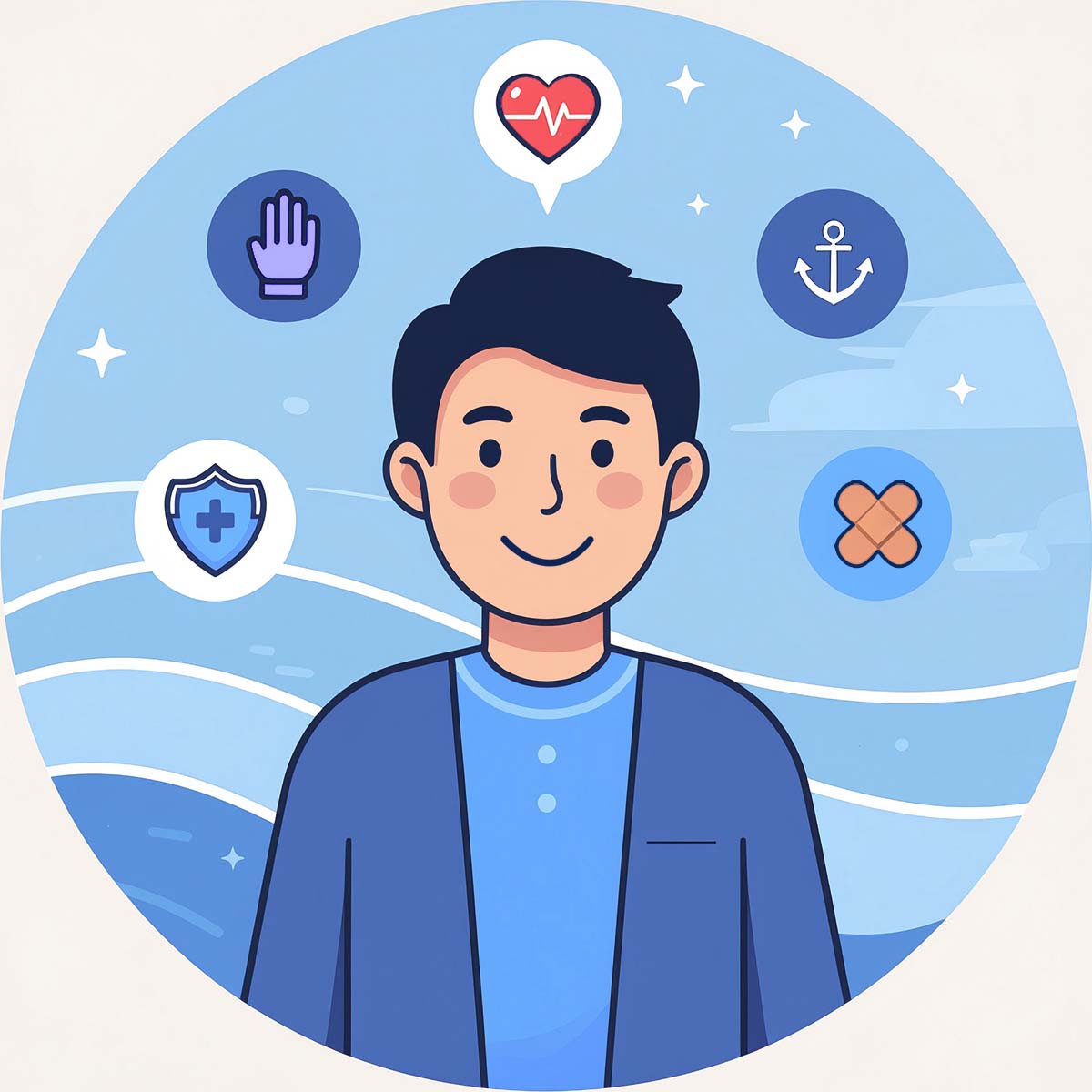 A person surrounded by five badges showing: shield with first aid plus; purple rubber gloves; red heart with pulse; ship anchor; adhesive bandage
