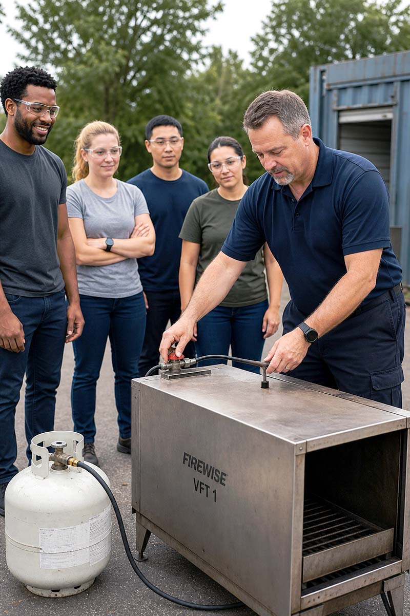 Instructor guiding a group of boaters through practical firefighting techniques using a controlled fire tray.
