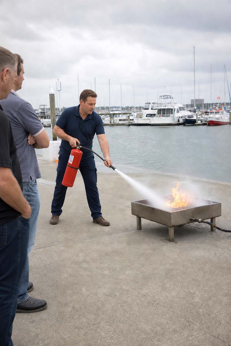 Instructor demonstrating some practical firefighting techniques to a group of recreational boaters using a fire extinguisher on a controlled training fire in an outdoor marina setting.