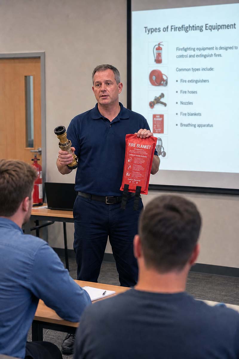 Instructor demonstrating fire extinguisher equipment to a group of students during classroom training.