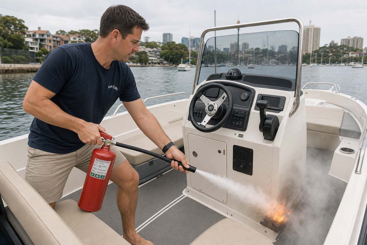 Person employing practical firefighting skills with a fire extinguisher aimed at a small onboard fire by the base of a boat’s steering console.