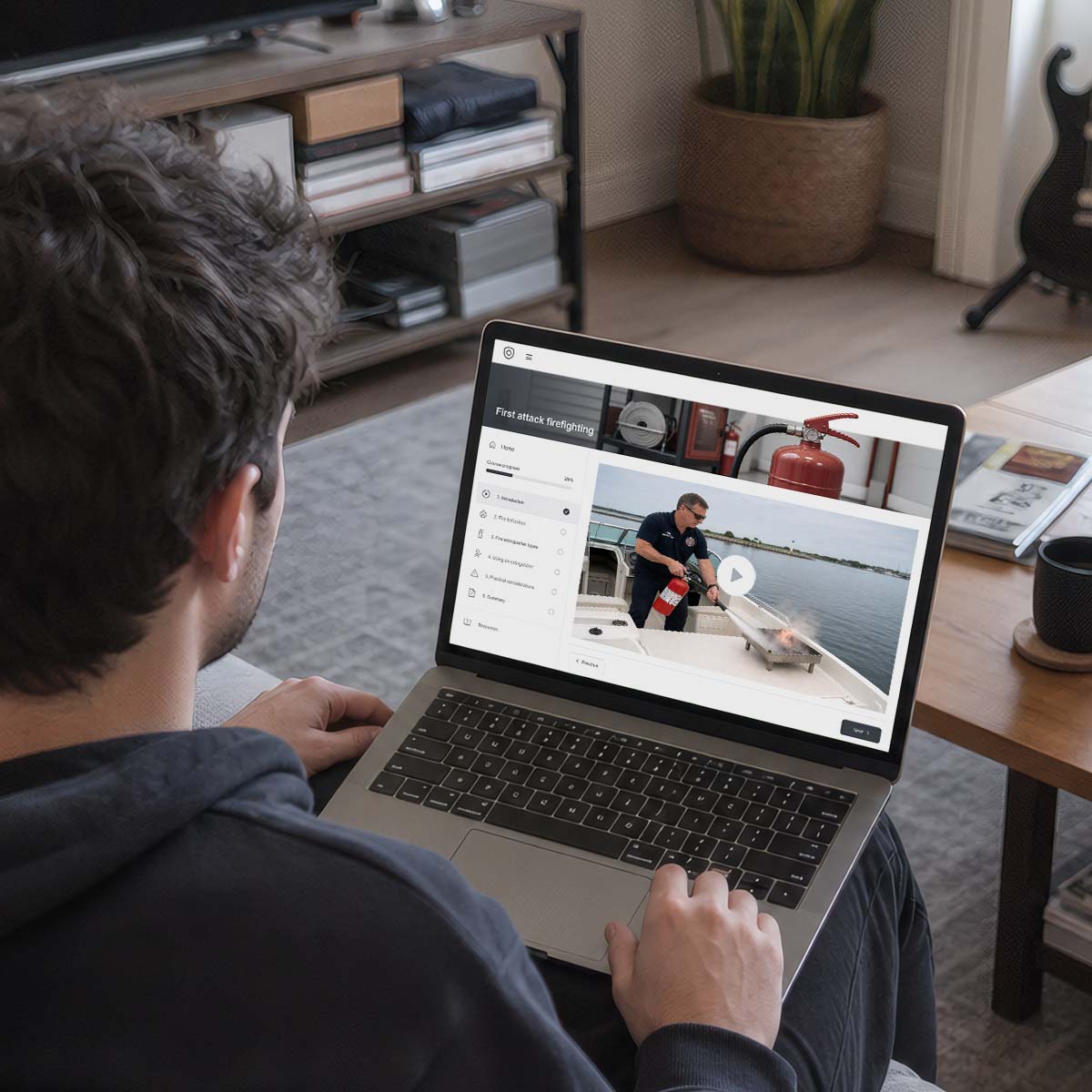 Person viewing an online firefighting training course on a laptop, showing a practical firefighting demonstration video.