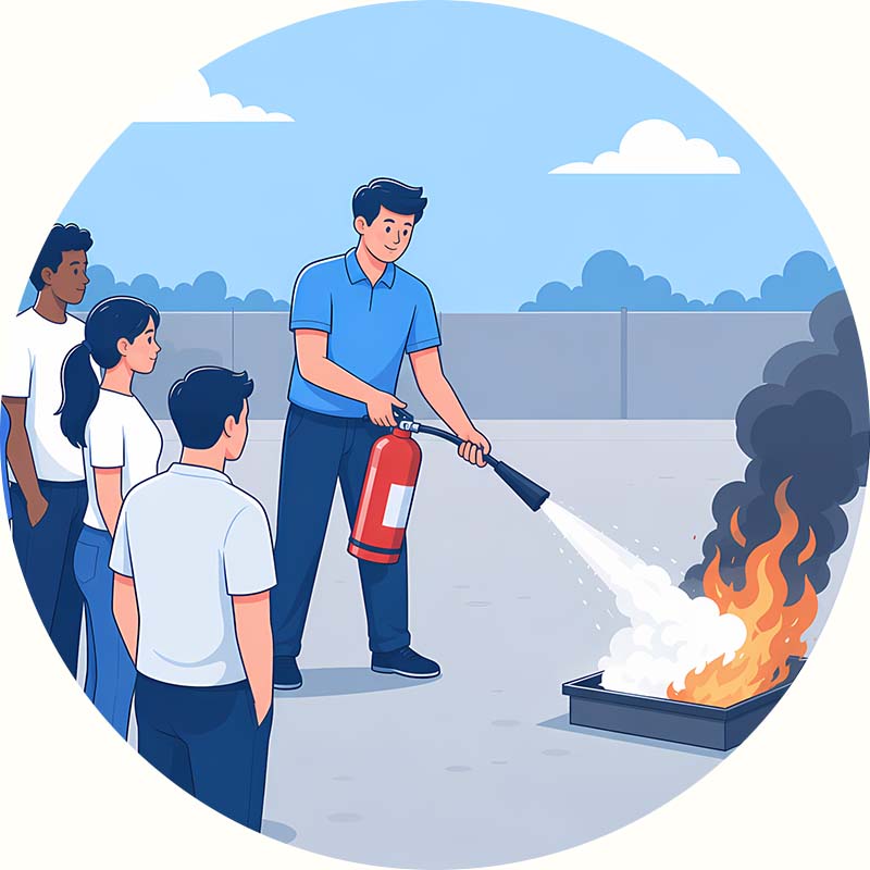 An instructor demonstrating the use of a fire extinguisher on a test fire to a group of students