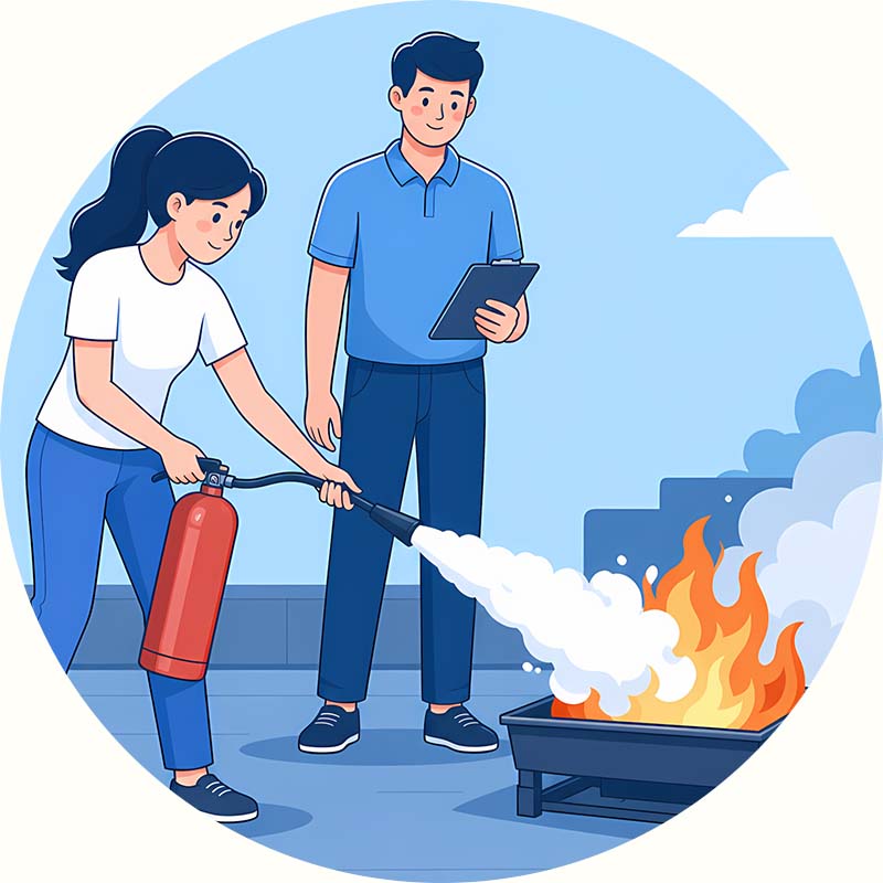 A student extinguishing a fire with an assessor holding a clipboard