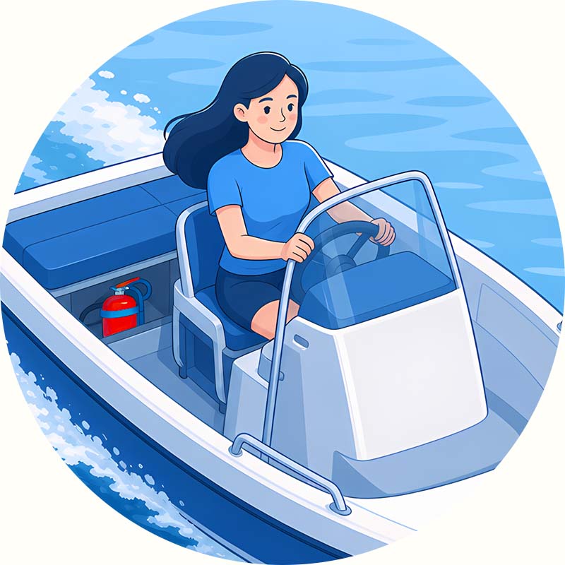 A person driving a boat with a fire extinguisher under the rear bench